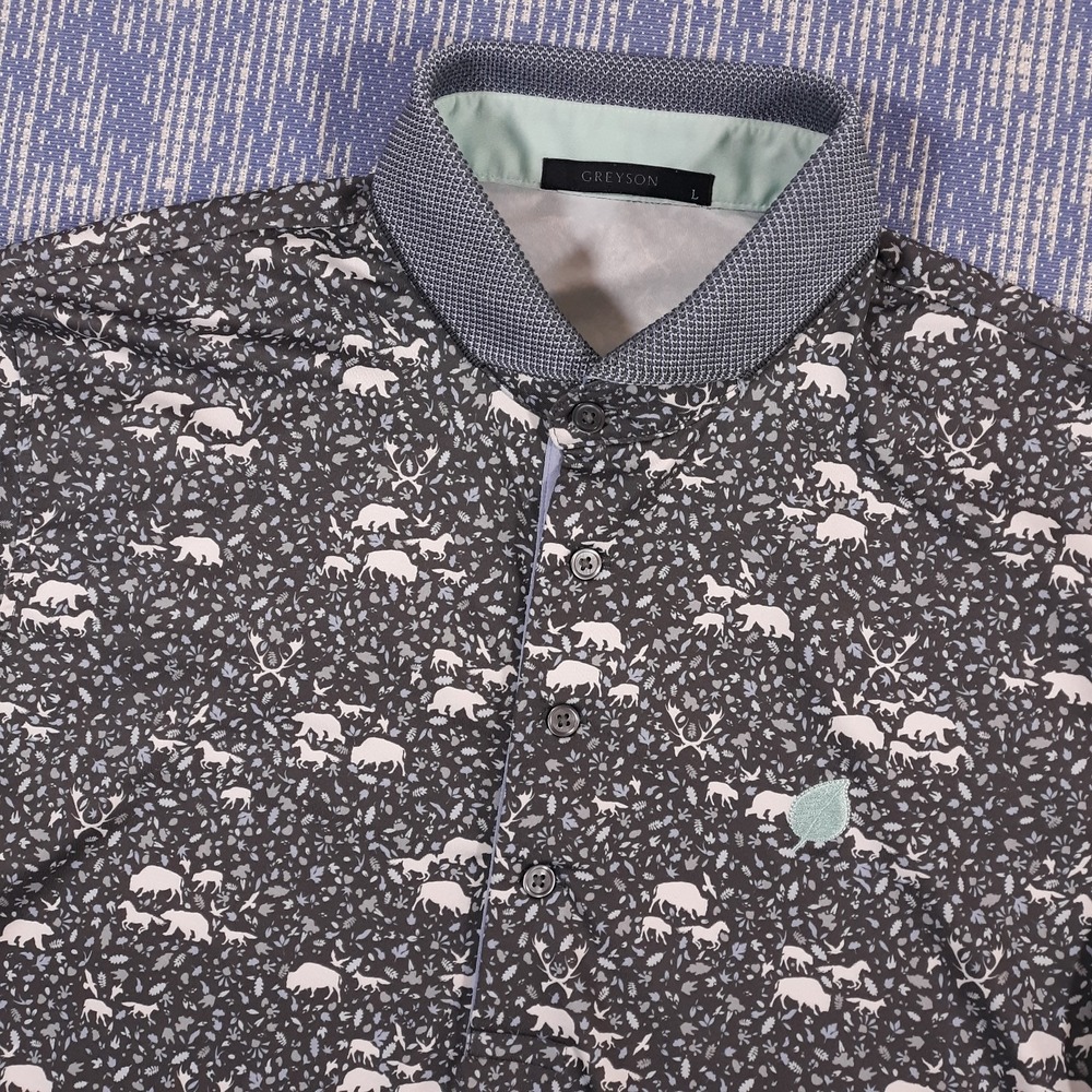 Greyson Golf Polo Shirt Mens Large Black Performance Wild Animals Roaming Print